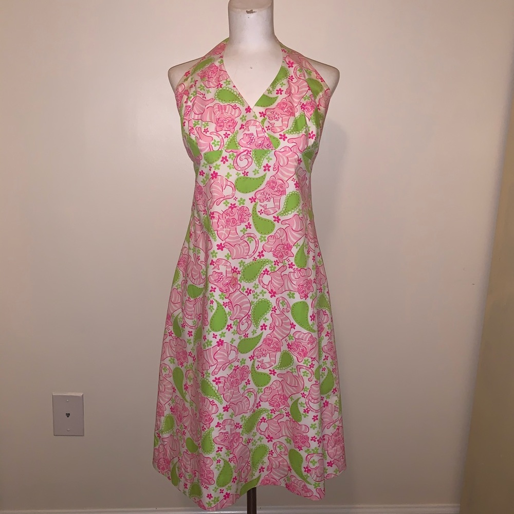 Lilly - Pink and green tiger print halter dress
